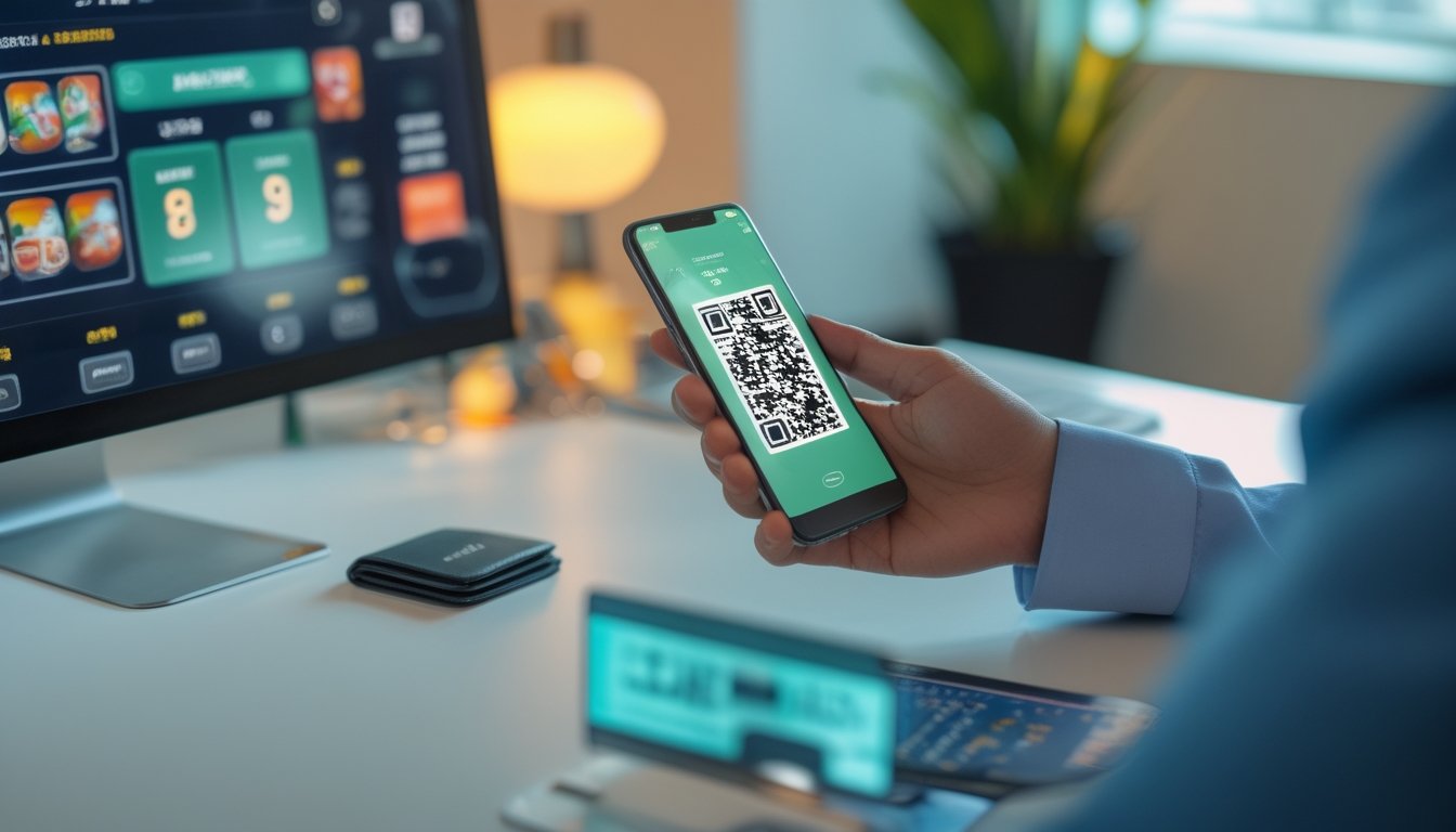Seseorang memindai kode QR menggunakan ponsel untuk melakukan deposit digital di meja kerja modern.