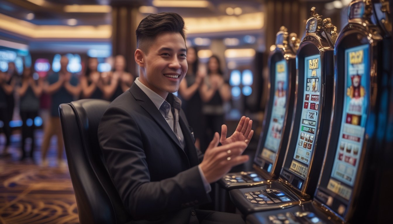 Pemain slot profesional merayakan kemenangan besar di kasino bersama beberapa teman.