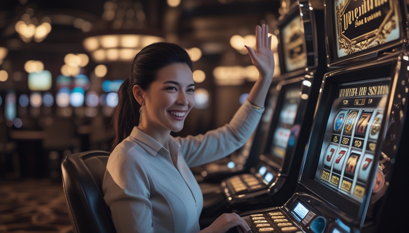 Seorang pemain slot profesional merayakan kemenangan jackpot di lingkungan kasino bernuansa elegan dan gelap.