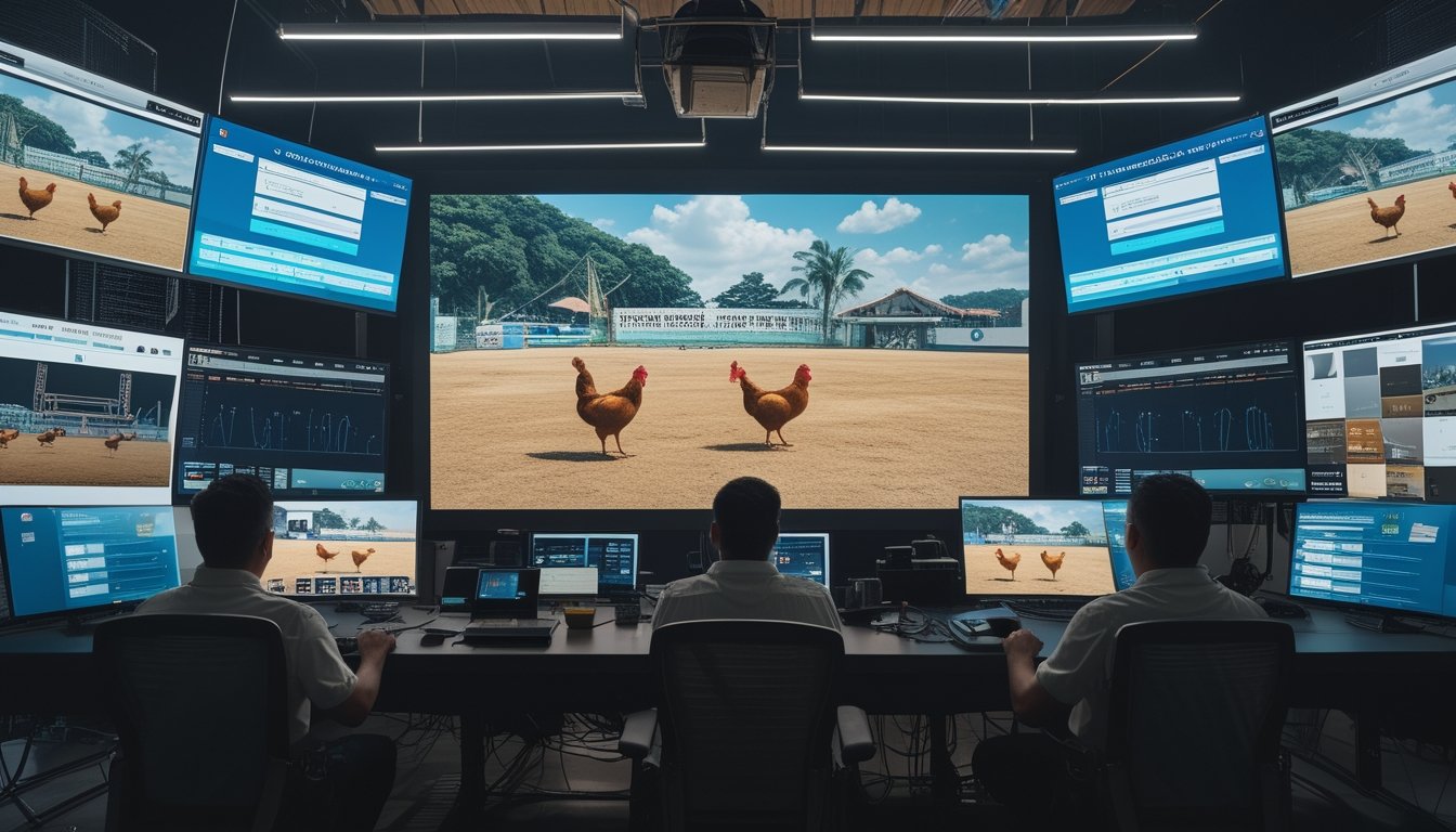 Tim media memantau siaran langsung arena sabung ayam melalui beberapa layar dan dasbor digital.