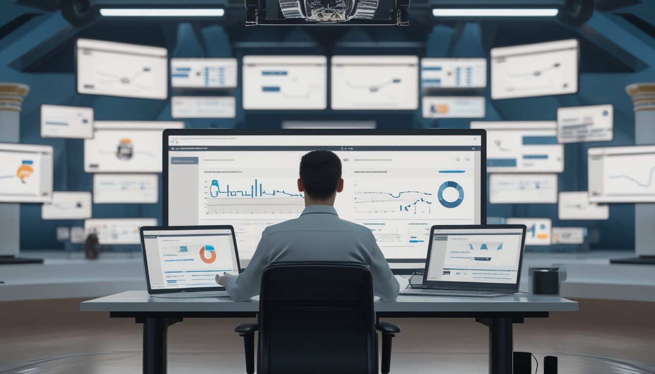 Analis media menilai platform siaran langsung di studio dengan kamera, monitor analitik, dan tablet.