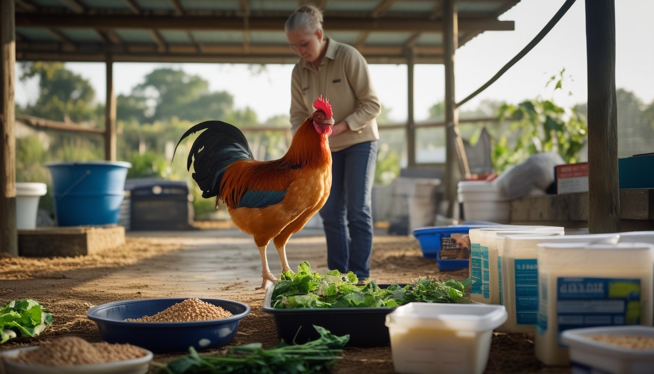 Seekor ayam jantan sehat dirawat di area kandang yang bersih dengan pakan bergizi dan air segar.