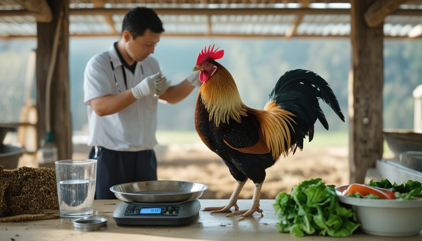 Seorang perawat memeriksa kondisi tubuh ayam jantan sehat di dekat pakan bergizi, air bersih, dan timbangan.