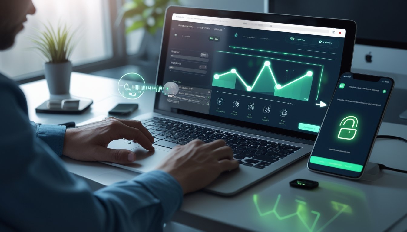 Seseorang menggunakan laptop dan ponsel dengan tampilan transaksi digital yang cepat dan aman.