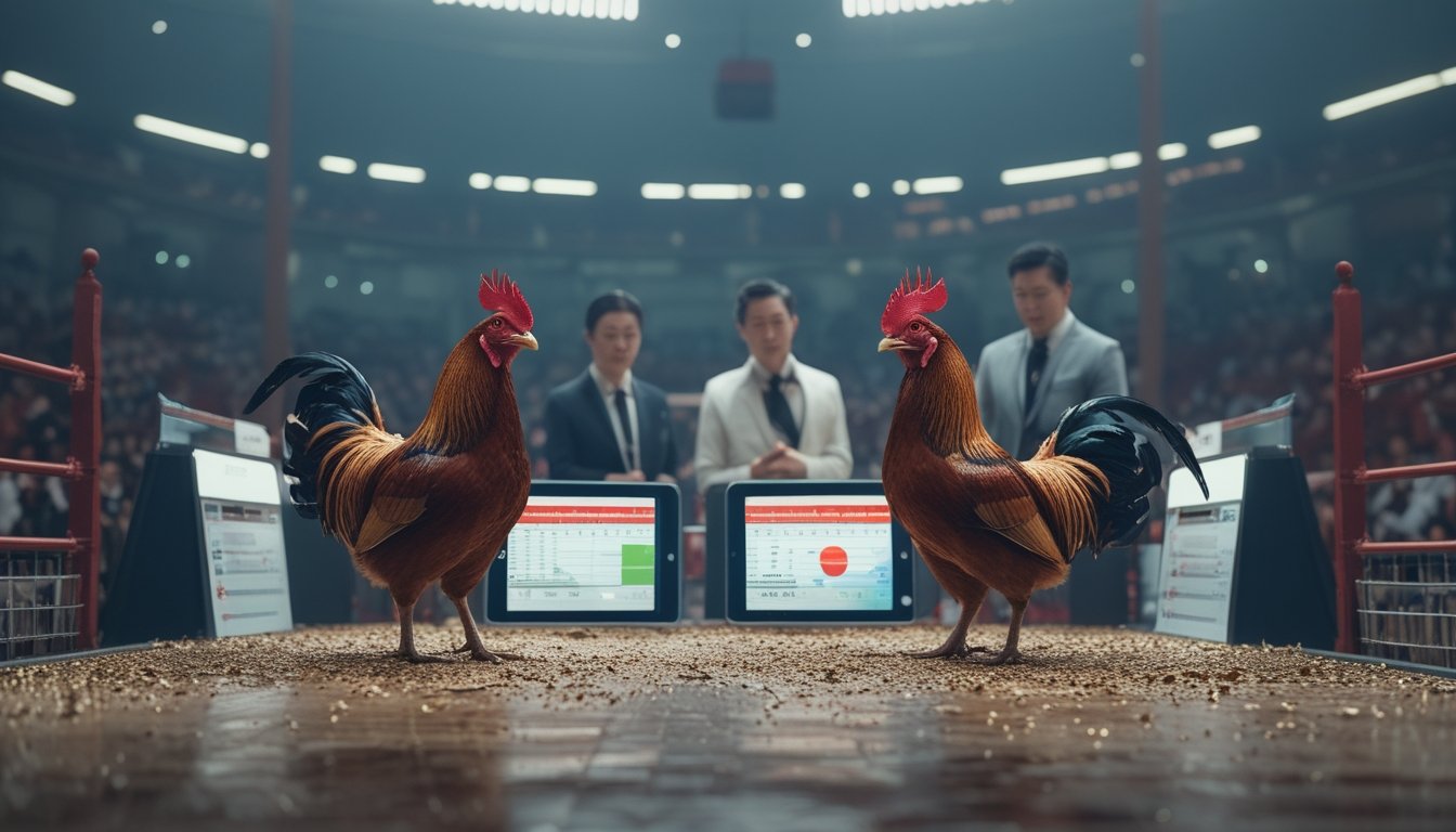 Analis dan penonton mengamati dua ayam jantan sehat di arena pertandingan dengan grafik prediksi.