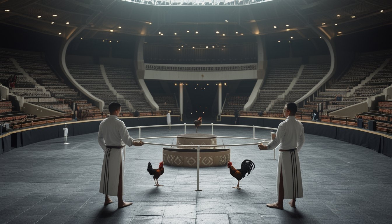 Arena sabung ayam tradisional dengan dua pawang dan ayam jantan di tengah, dikelilingi penonton.