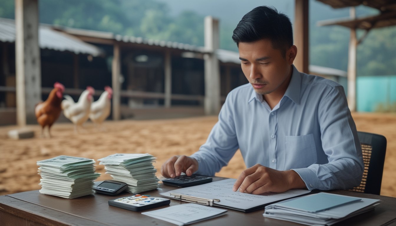 Seorang pria mengatur anggaran taruhan sambil mengamati arena sabung ayam yang tampak samar di latar belakang.