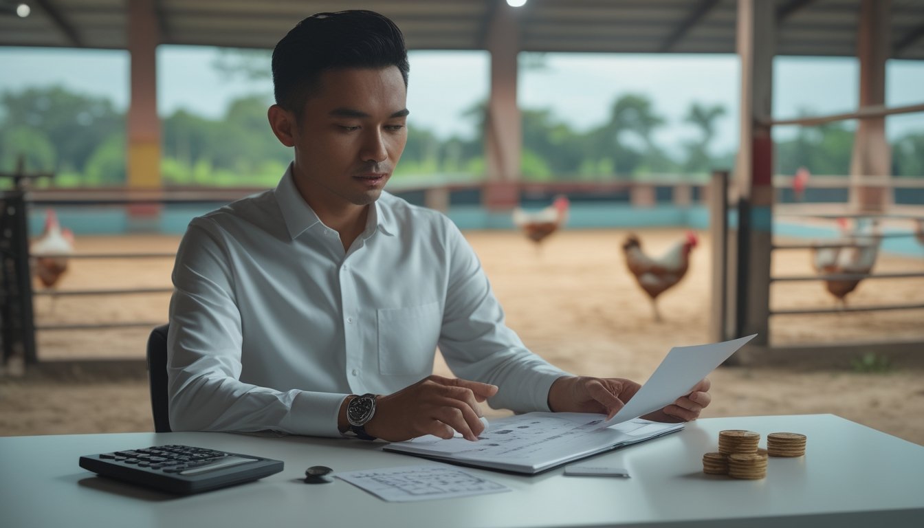 Seseorang menyusun anggaran taruhan secara disiplin di meja, dengan arena sabung ayam yang tampak samar di latar belakang.