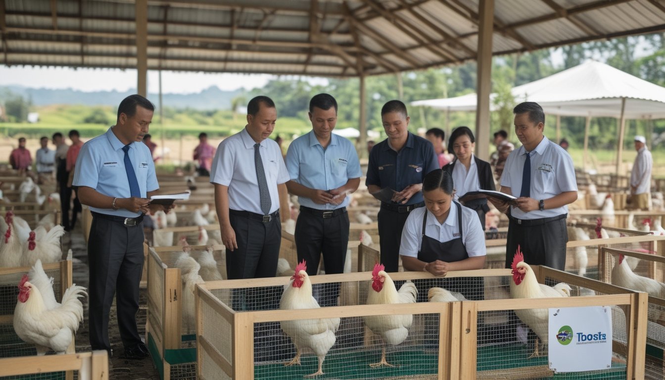 Komunitas penggemar unggas dan perwakilan resmi berkumpul di lokasi pameran sambil mengamati ayam jantan dalam kandang yang aman.