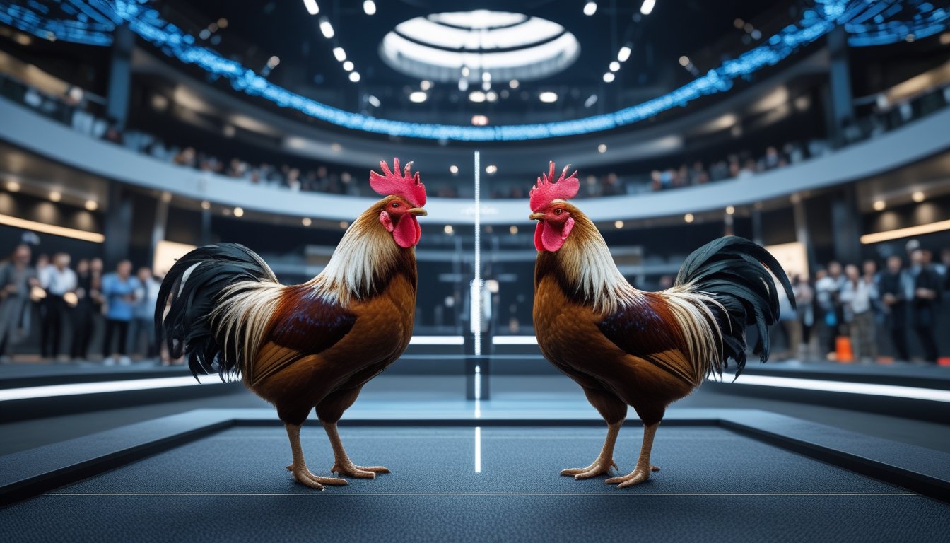 Arena hiburan modern menampilkan dua ayam jantan di area terpisah, penonton, staf acara, dan teknologi siaran digital.