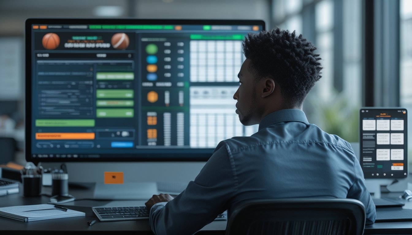 Seorang analis dewasa membandingkan data pertandingan olahraga dan grafik analisis di ruang kerja modern.
