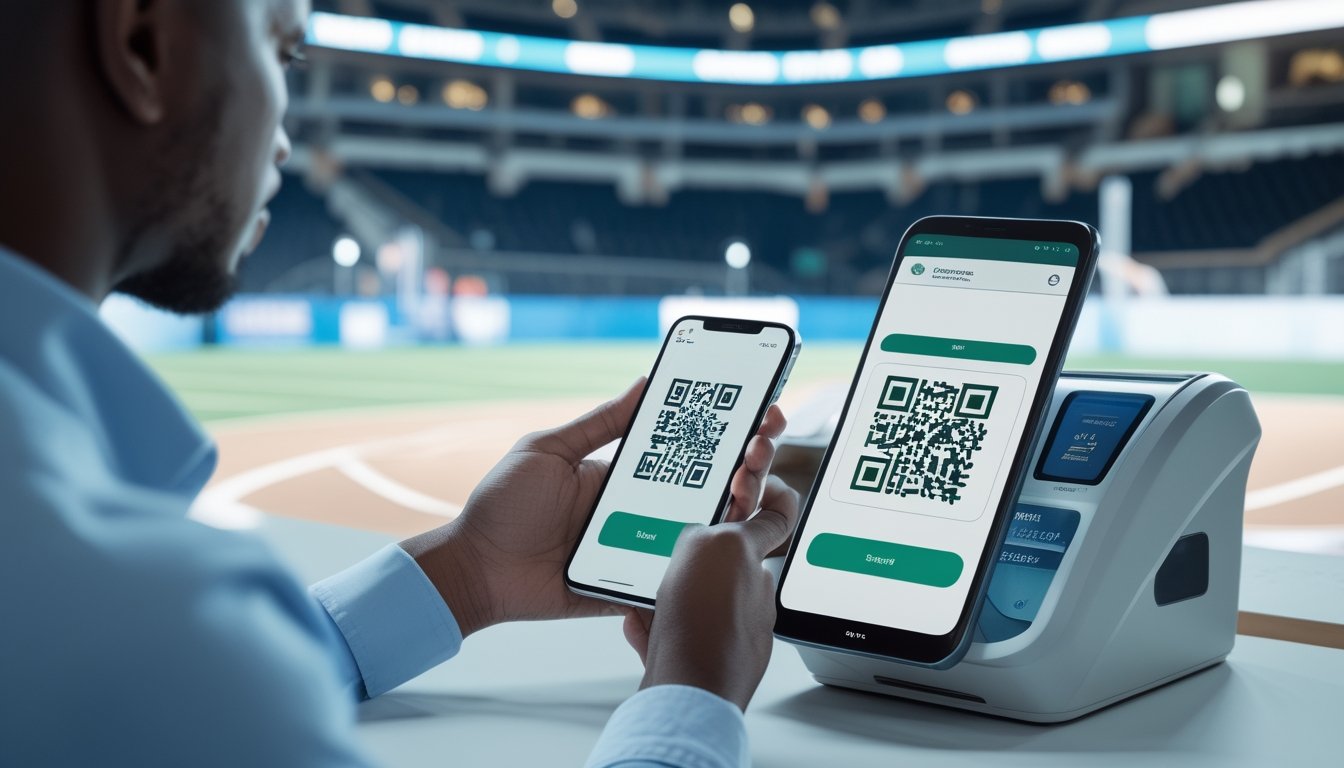 Seseorang menggunakan ponsel untuk melakukan pembayaran digital melalui kode QR di dekat arena olahraga.