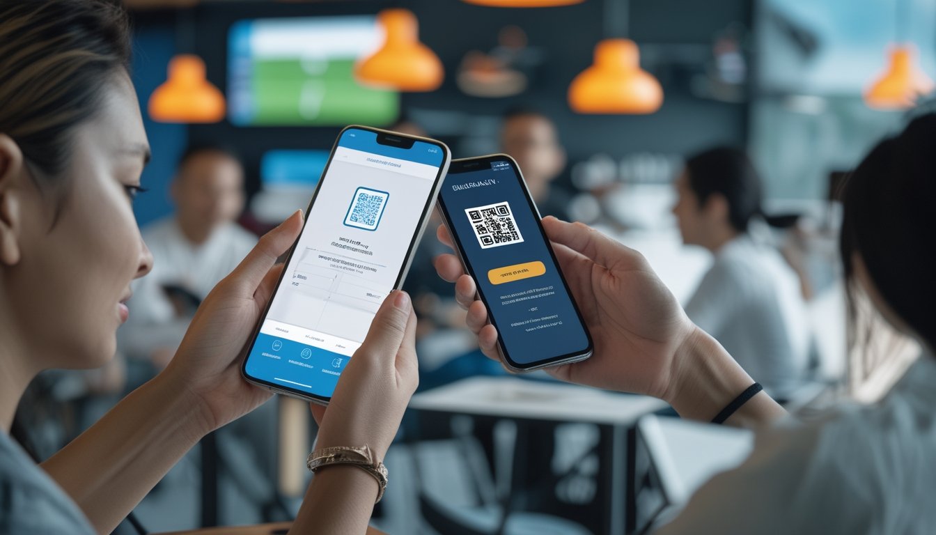 Orang dewasa melakukan pembayaran digital dengan memindai kode QR menggunakan ponsel di tempat bernuansa olahraga.