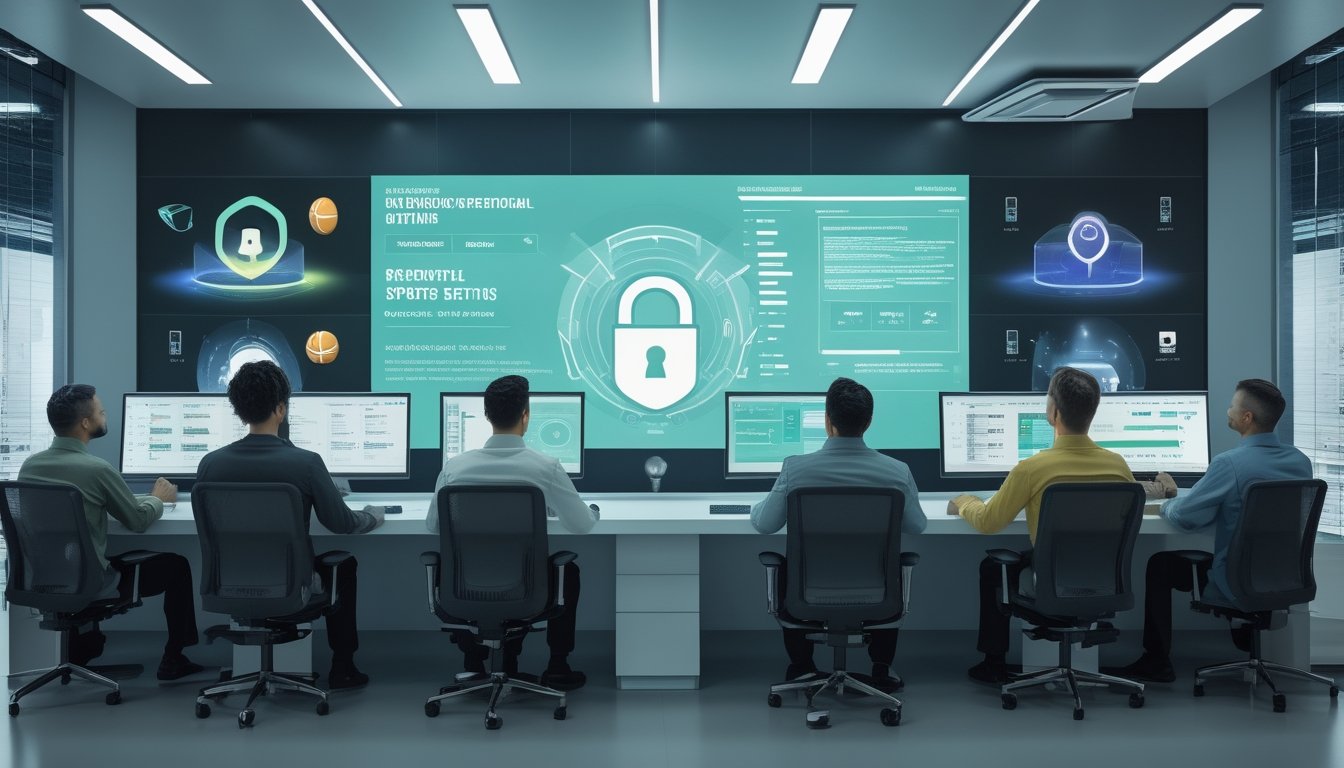 Tim analis keamanan memeriksa sistem digital olahraga dengan simbol perlindungan data dan keadilan.