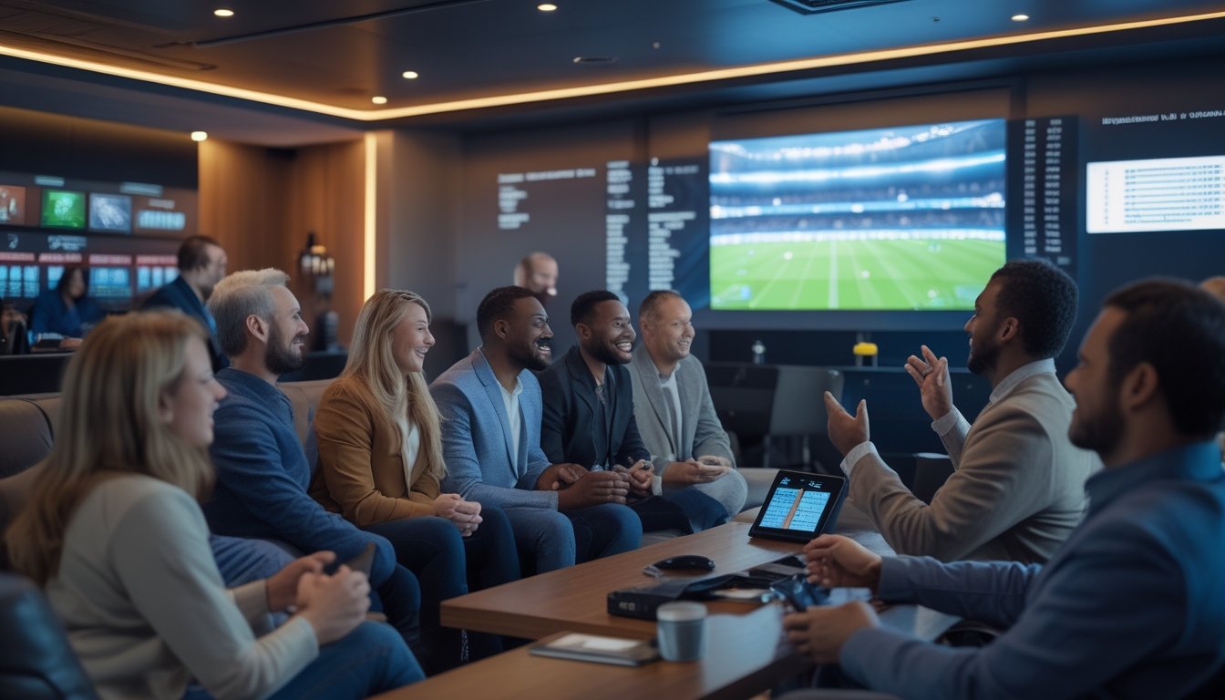 Sekelompok orang dewasa menonton pertandingan sepak bola bersama di ruang olahraga modern dengan perangkat digital.