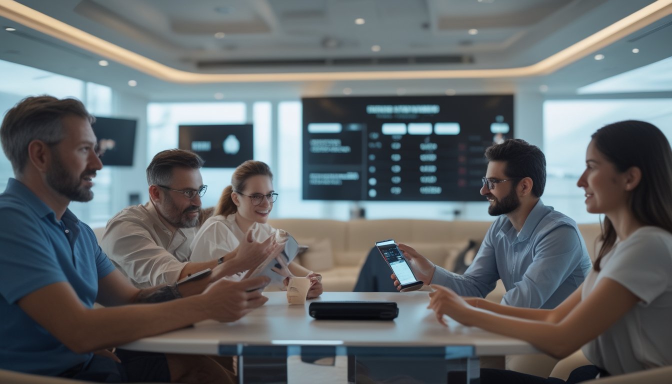 Sekelompok anggota meninjau pengalaman platform taruhan olahraga melalui ponsel dan tablet dalam suasana modern.