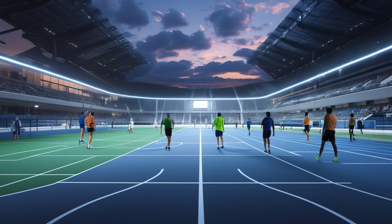 Beragam atlet bertanding di kompleks stadion internasional dengan berbagai fasilitas olahraga dan elemen teknologi digital.