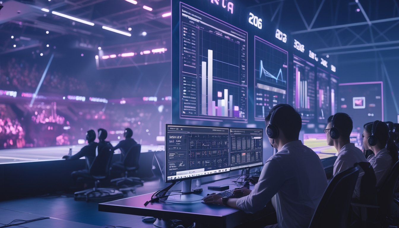 Penonton dewasa menyaksikan turnamen esports di arena modern dengan layar analitik abstrak.