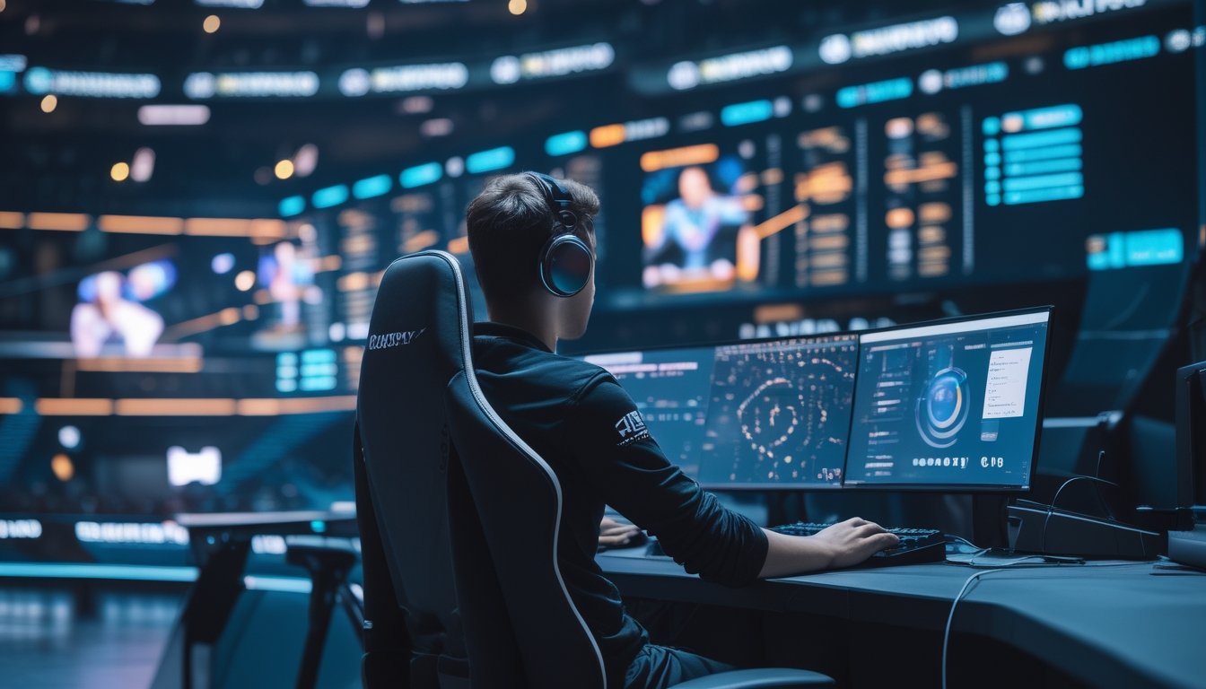 Seorang pemain esports duduk di depan komputer dengan beberapa layar dan perangkat digital di arena modern.