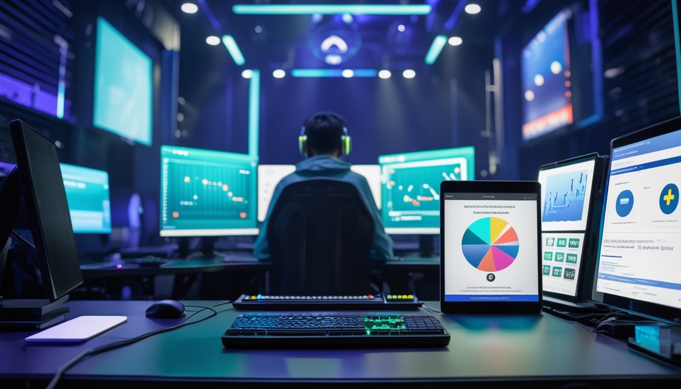 Pemain esports berada di arena modern dengan perangkat digital dan elemen visual yang menggambarkan perbandingan serta evaluasi platform.