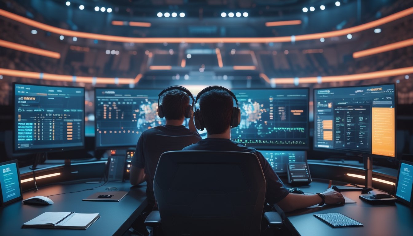 Dua pemain esports menganalisis pertandingan di meja dengan monitor dan suasana arena kompetitif di latar belakang.