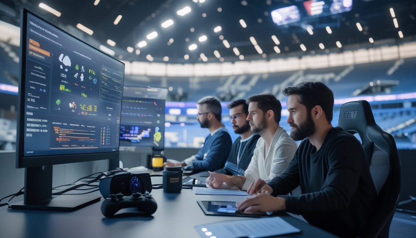 Sekelompok orang dewasa mempelajari statistik pertandingan esports di ruang kerja gaming modern.