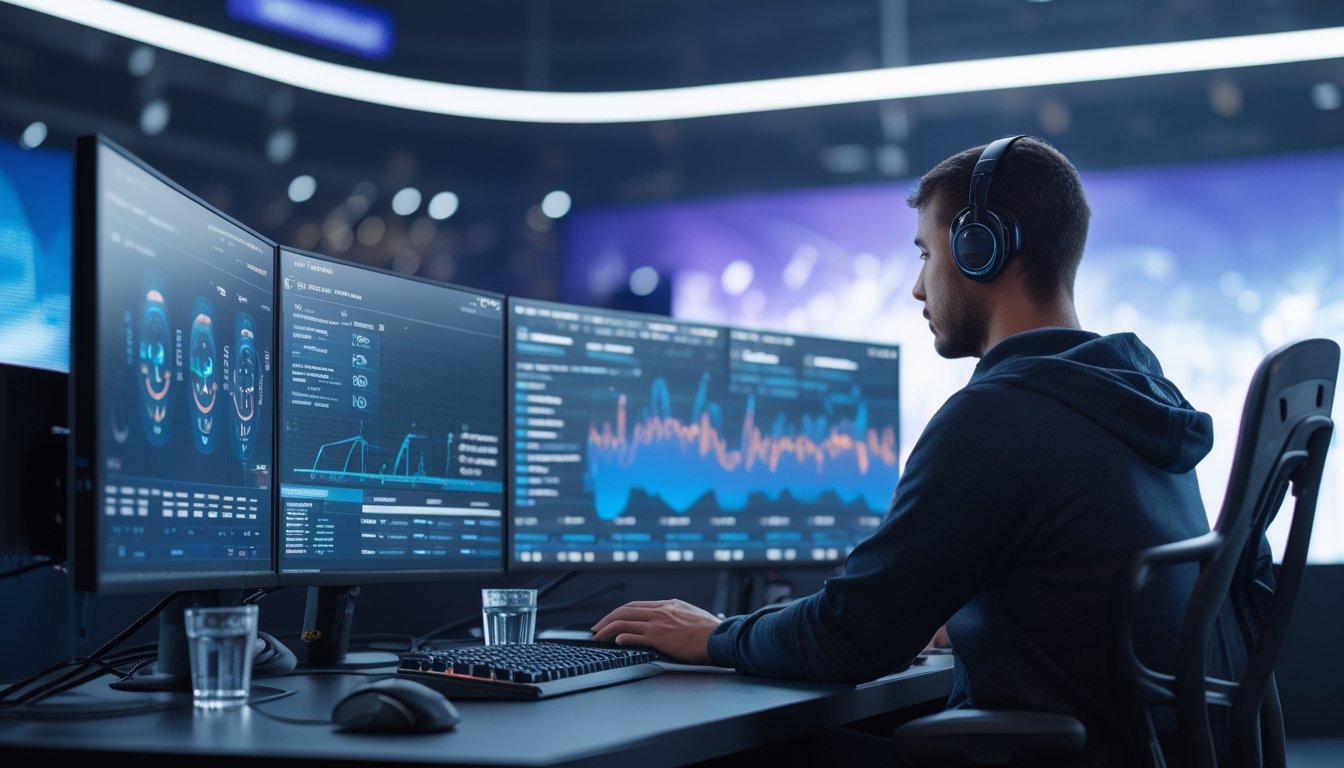 Analis esports mempelajari grafik performa pertandingan di beberapa monitor.