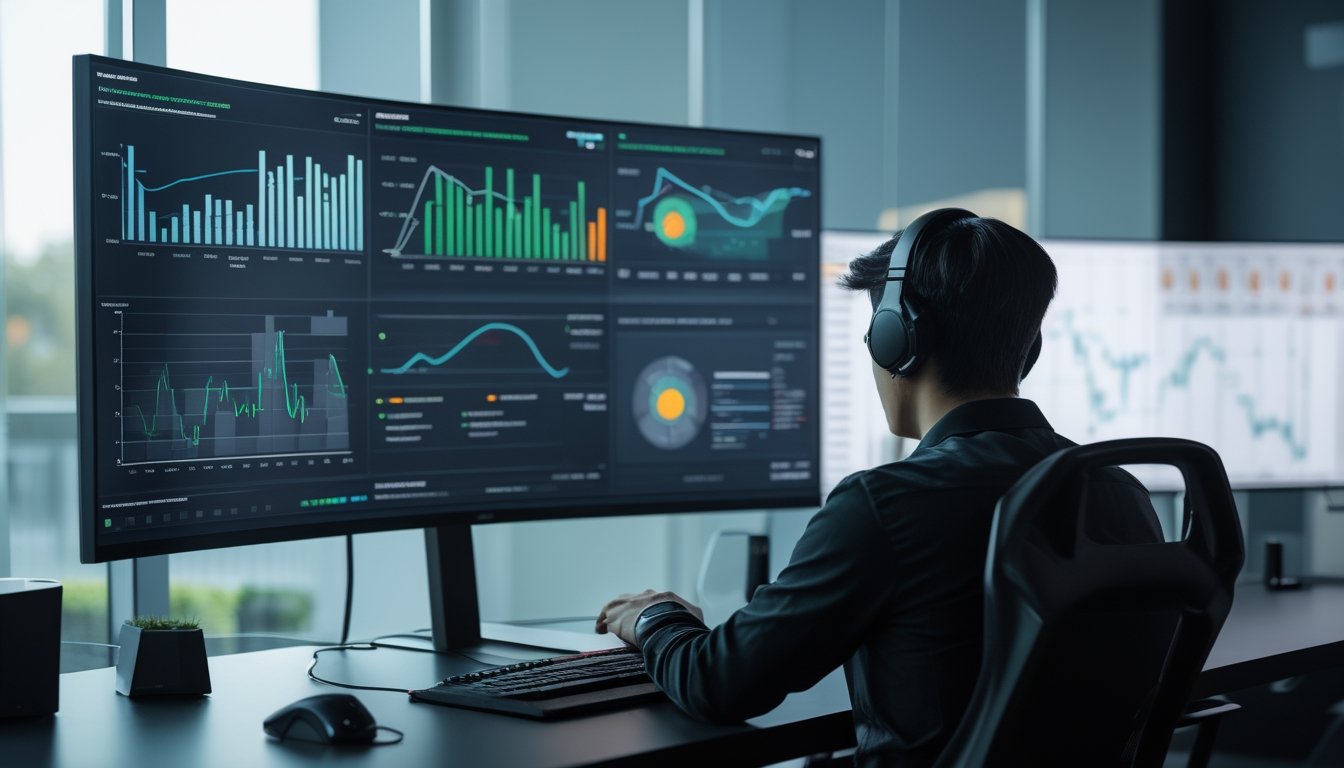 Analis esports menganalisis grafik performa tim dan prediksi pertandingan di ruang kerja modern.