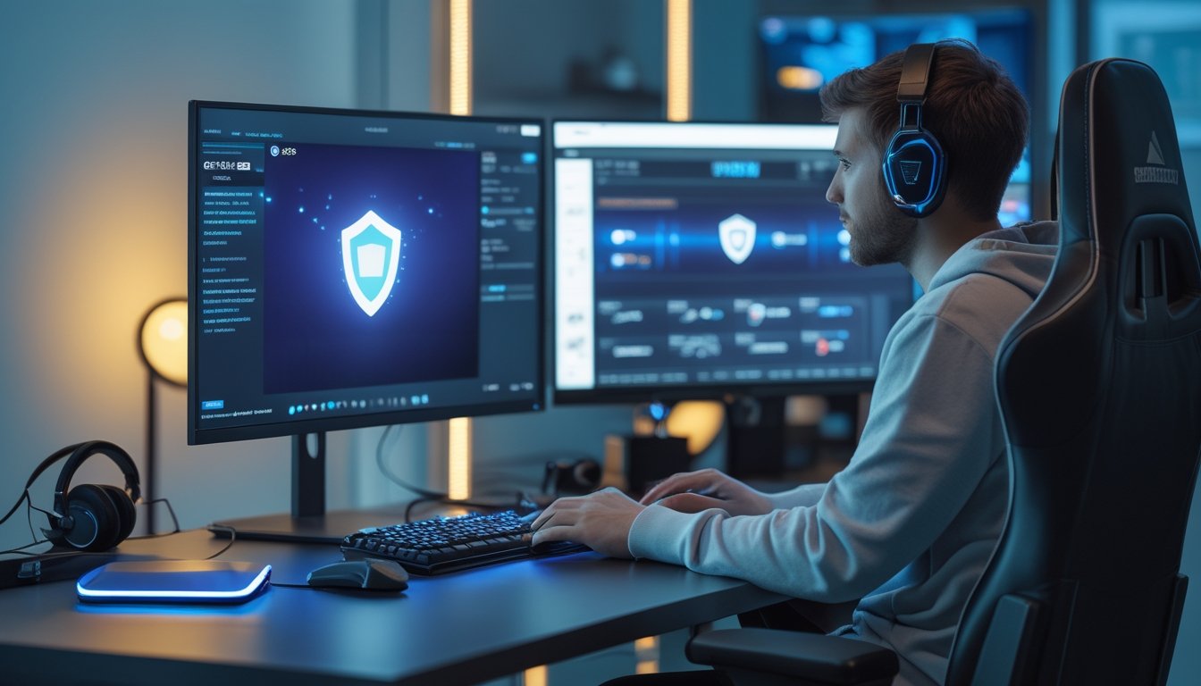 Pemain esports menggunakan komputer gaming dalam ruang modern dengan simbol keamanan dan verifikasi.