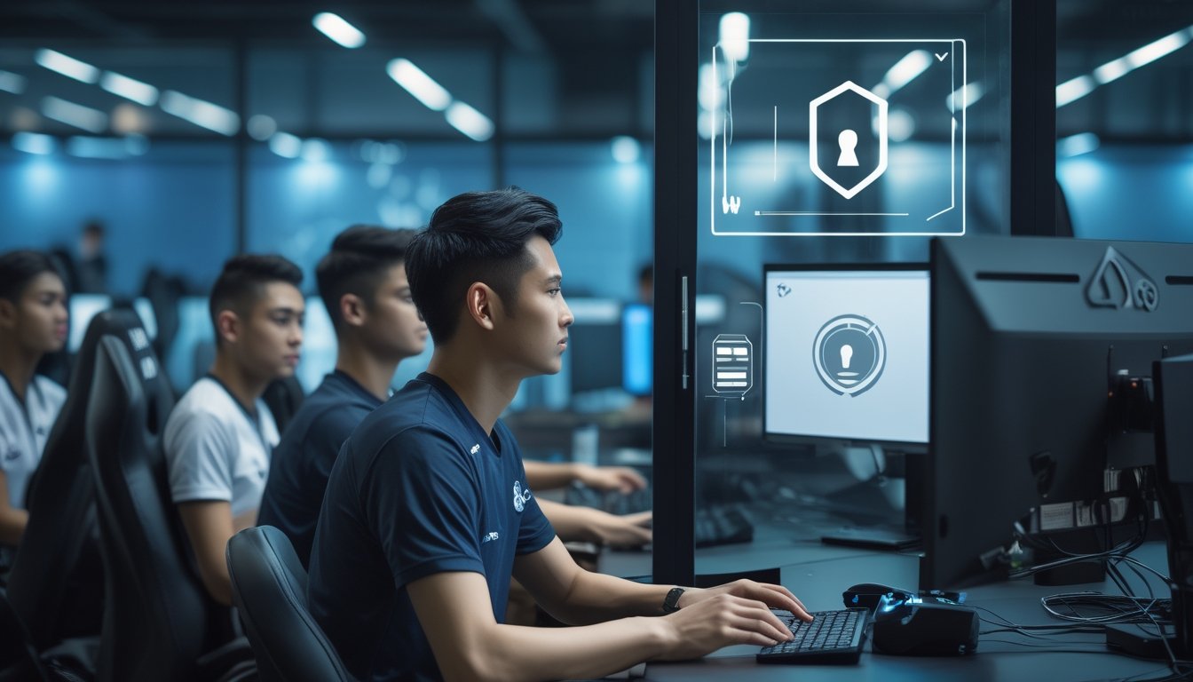 Pemain esports dewasa menggunakan komputer di ruang gaming modern dengan simbol keamanan dan perlindungan akun.