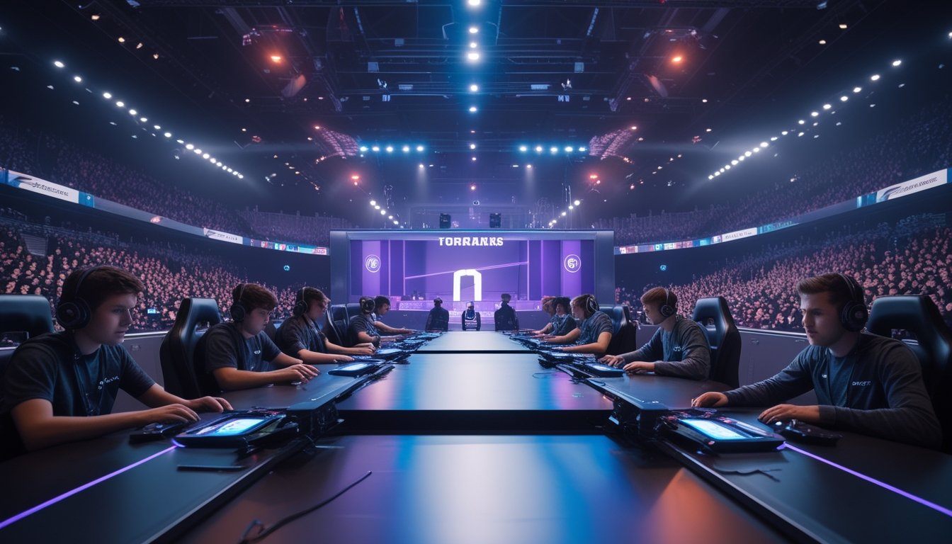 Arena esports modern dengan pemain profesional bertanding di panggung dan penonton yang antusias.