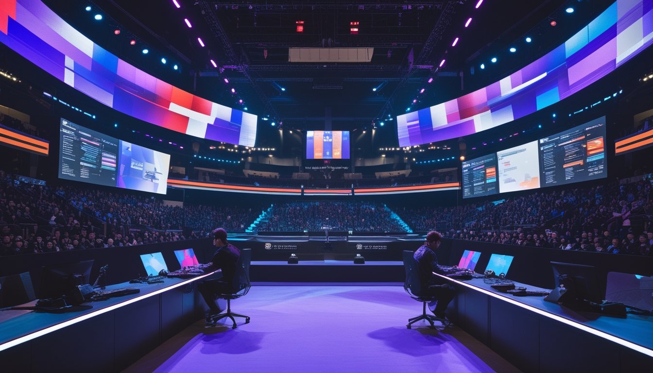 Suasana turnamen esports besar di arena modern dengan pemain profesional dan penonton yang antusias.