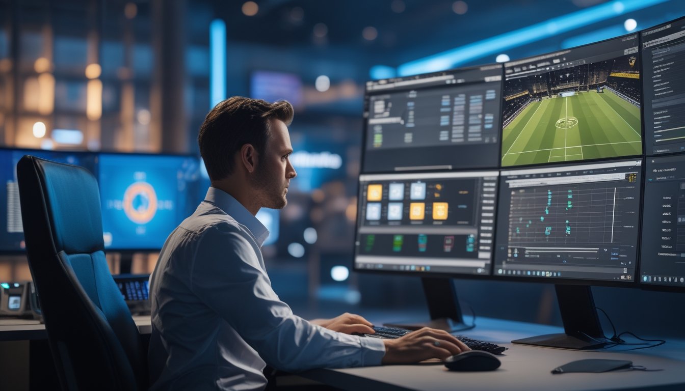Seorang analis esports mempelajari data pertandingan dan grafik strategi di depan beberapa layar komputer.