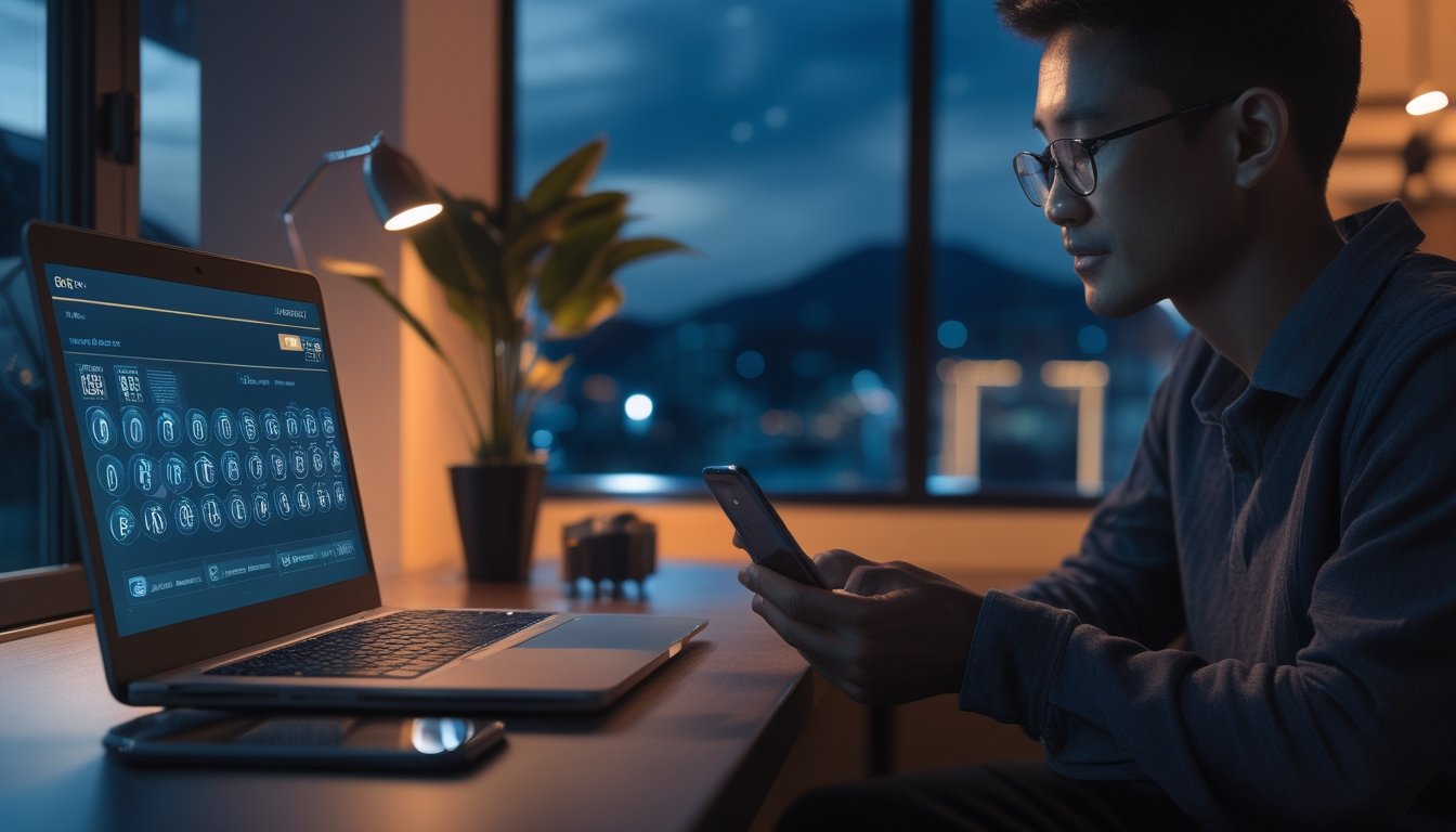 Orang dewasa melihat tampilan angka digital abstrak di laptop dalam suasana ruang kerja modern.
