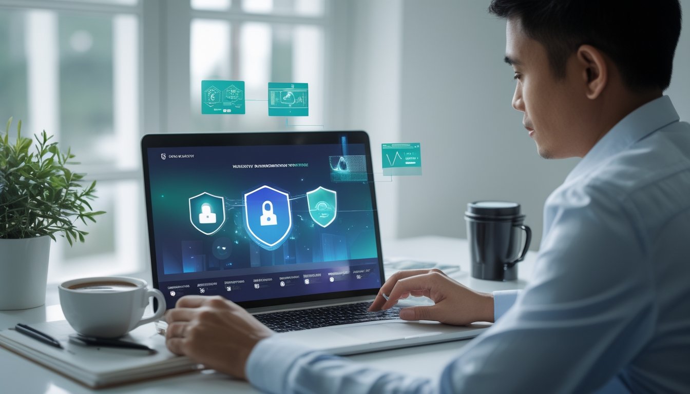 Seorang profesional memeriksa situs web dengan simbol keamanan di laptop dalam ruang kerja modern.