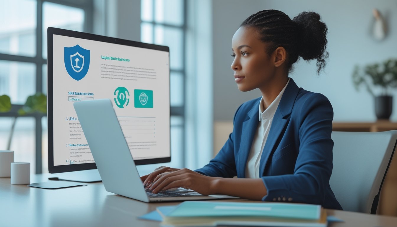 Orang dewasa meninjau platform digital yang aman di laptop dengan simbol perlindungan dan verifikasi di meja.