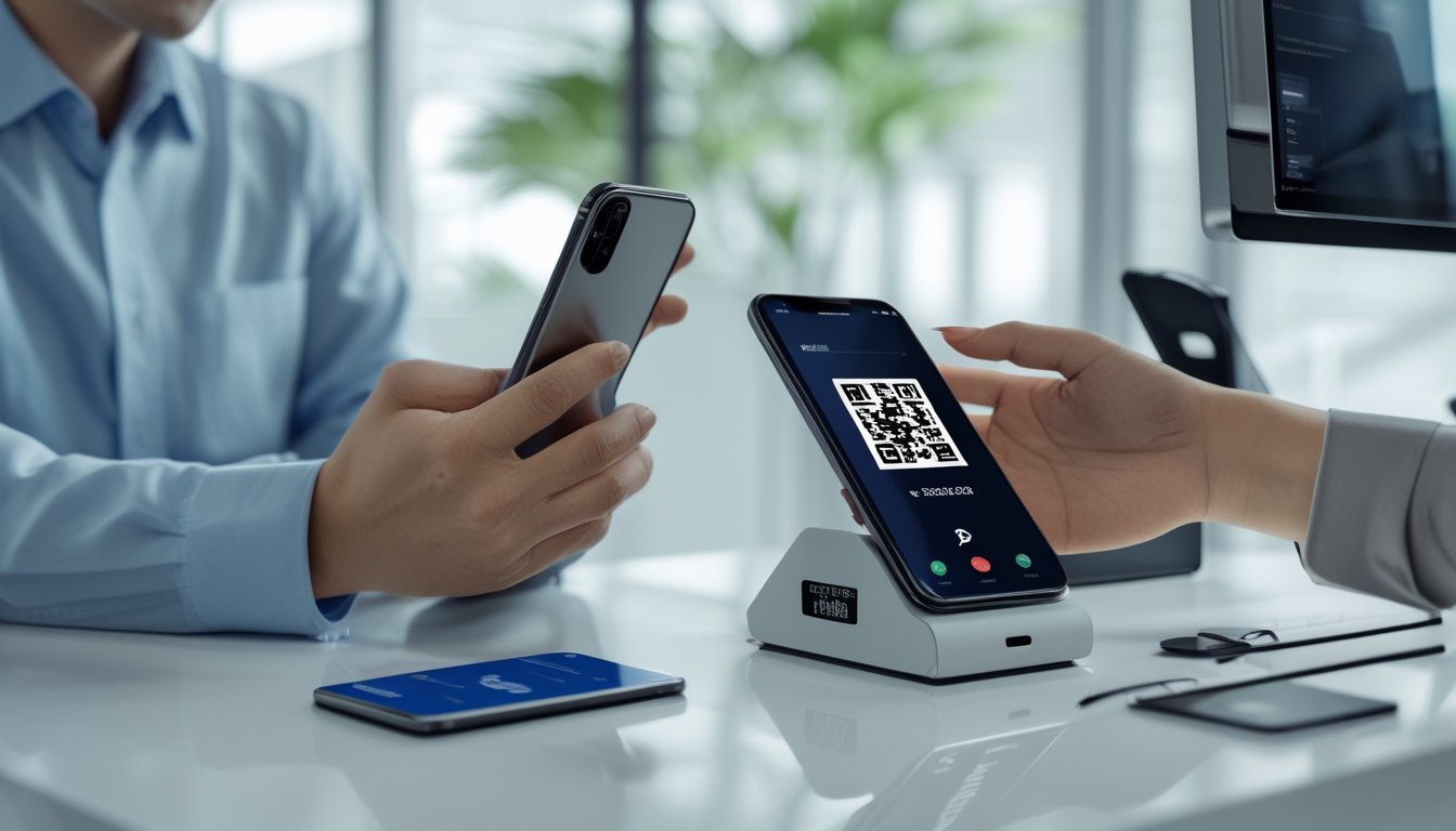 Seseorang menggunakan ponsel untuk memindai kode QR pada terminal pembayaran digital.