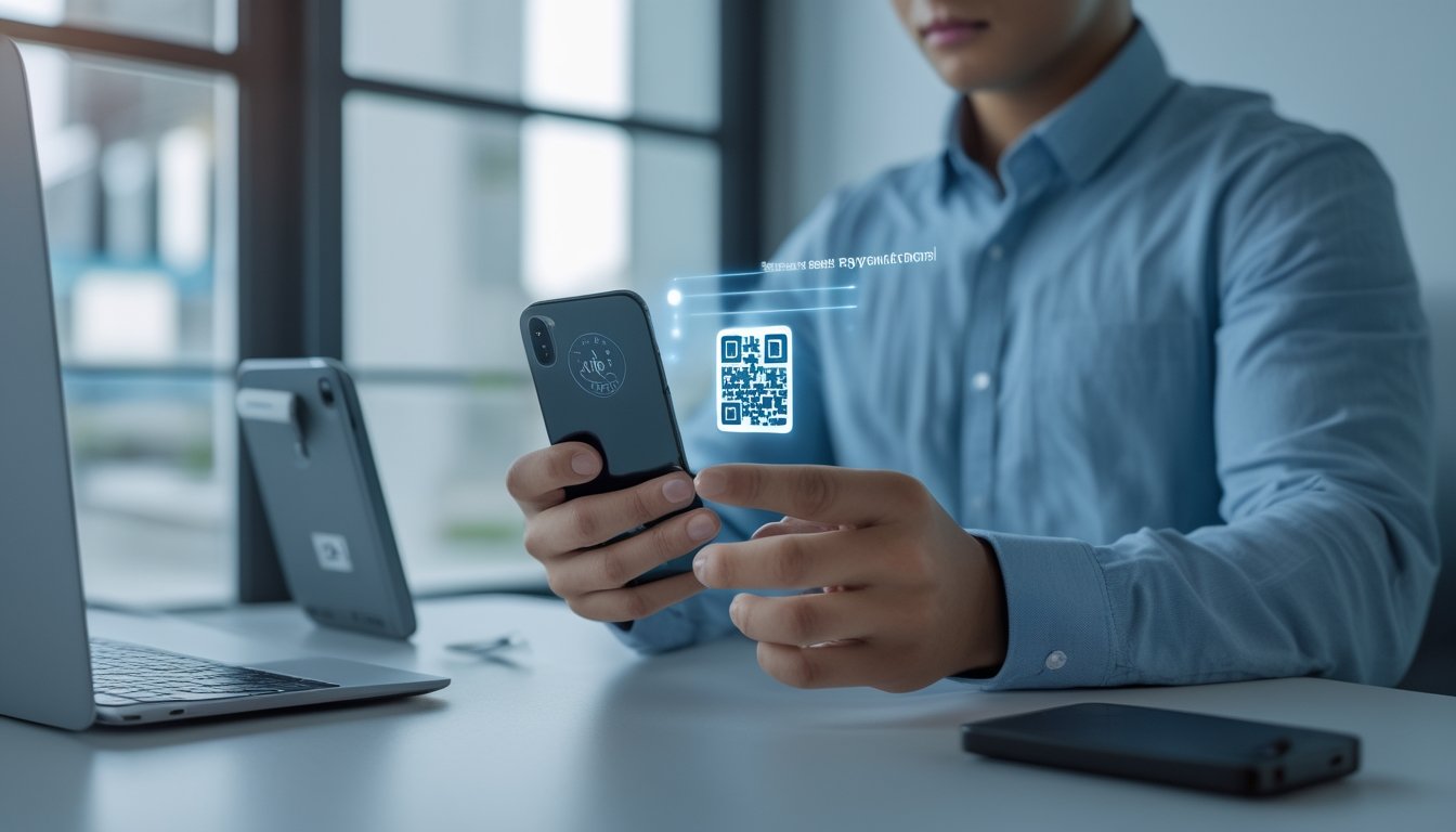 Seseorang menggunakan ponsel untuk melakukan pembayaran digital dengan dompet elektronik dan QR.