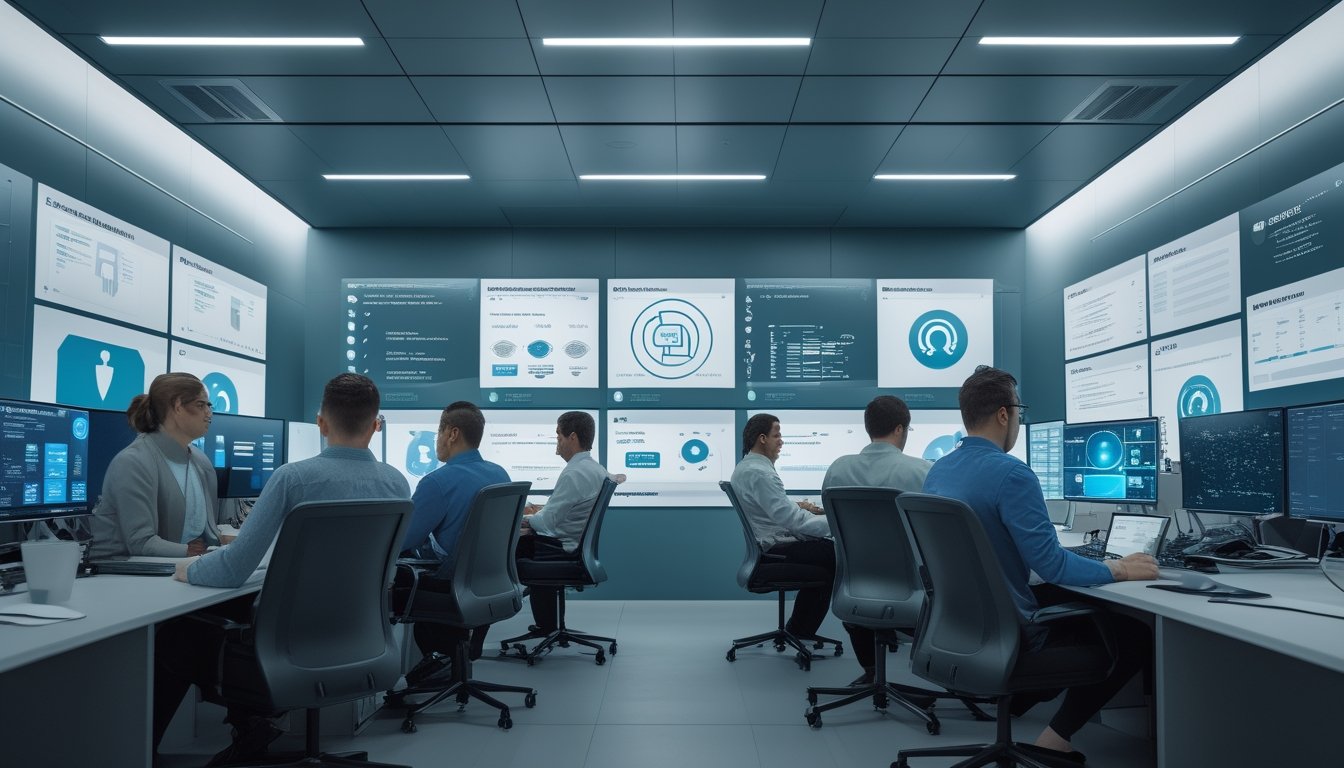 Tim analis keamanan memantau sistem digital dan indikator keadilan di pusat operasi modern.