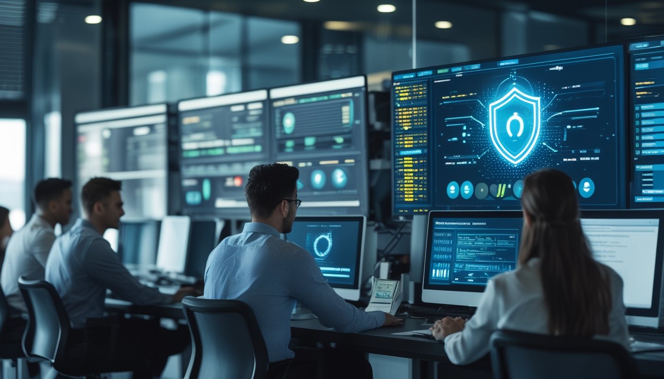 Tim analis memantau keamanan dan keadilan sistem digital di ruang kerja modern.