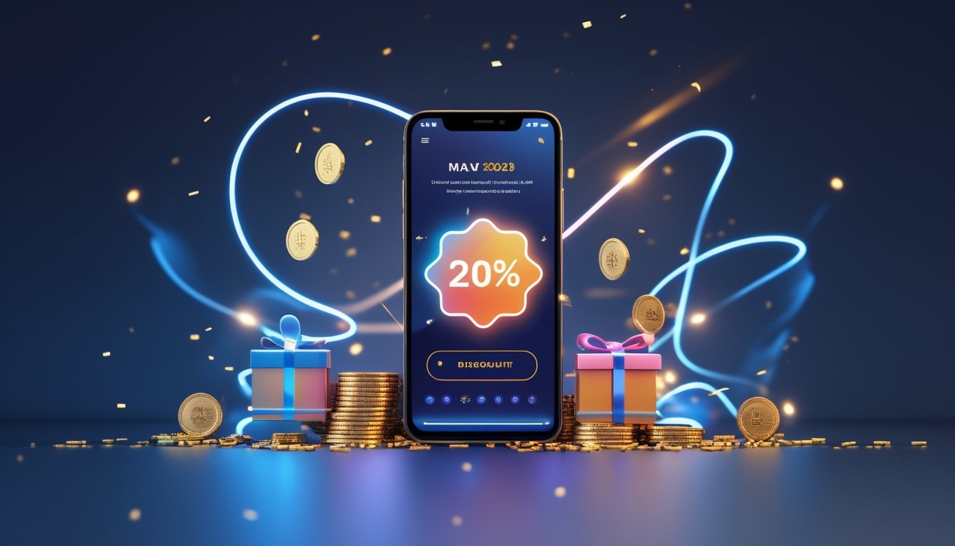 Ponsel dengan tampilan permainan abstrak dikelilingi koin emas, kotak hadiah, konfeti, dan cahaya biru keemasan.
