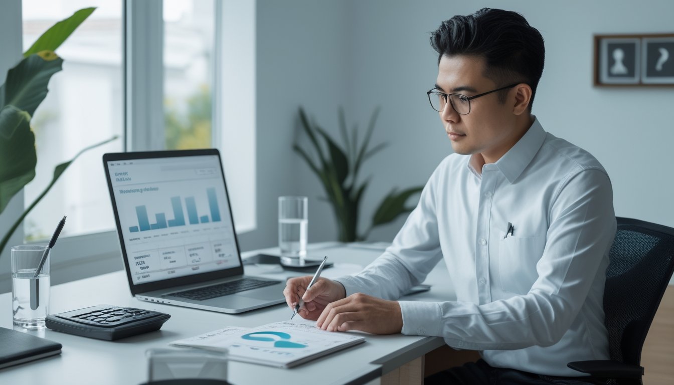 Seorang profesional meninjau anggaran dan keamanan digital di meja kerja modern.
