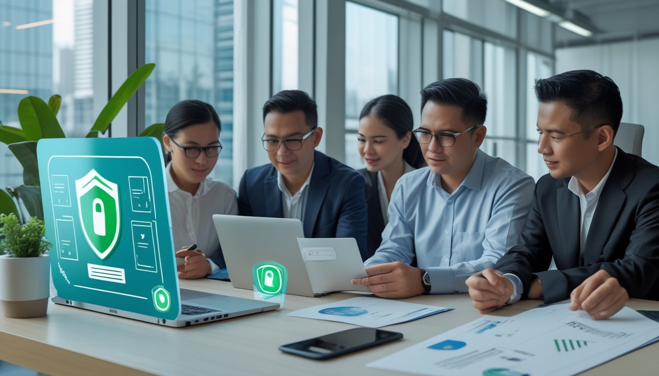 Profesional dewasa meninjau platform digital dengan simbol keamanan dan verifikasi di kantor modern.