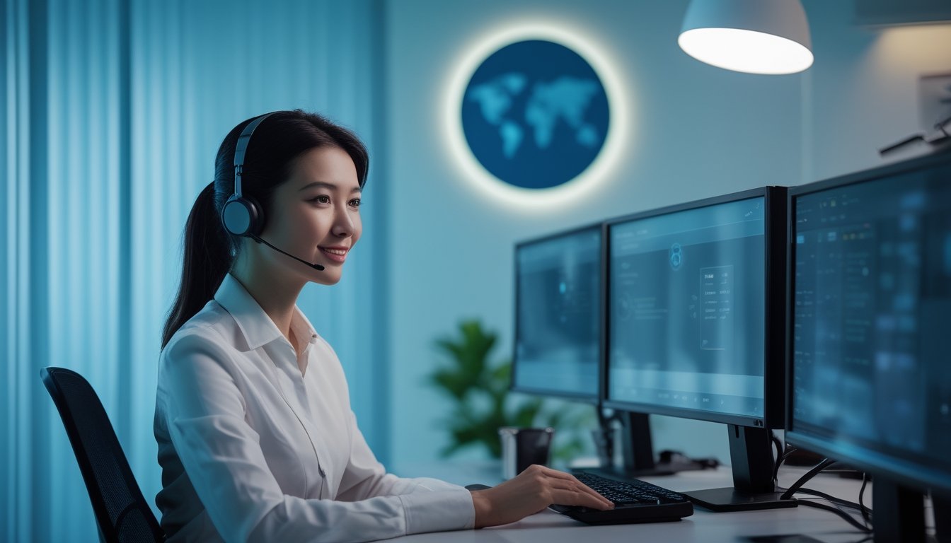 Petugas layanan pelanggan mengenakan headset bekerja di depan komputer dalam ruang kantor modern.