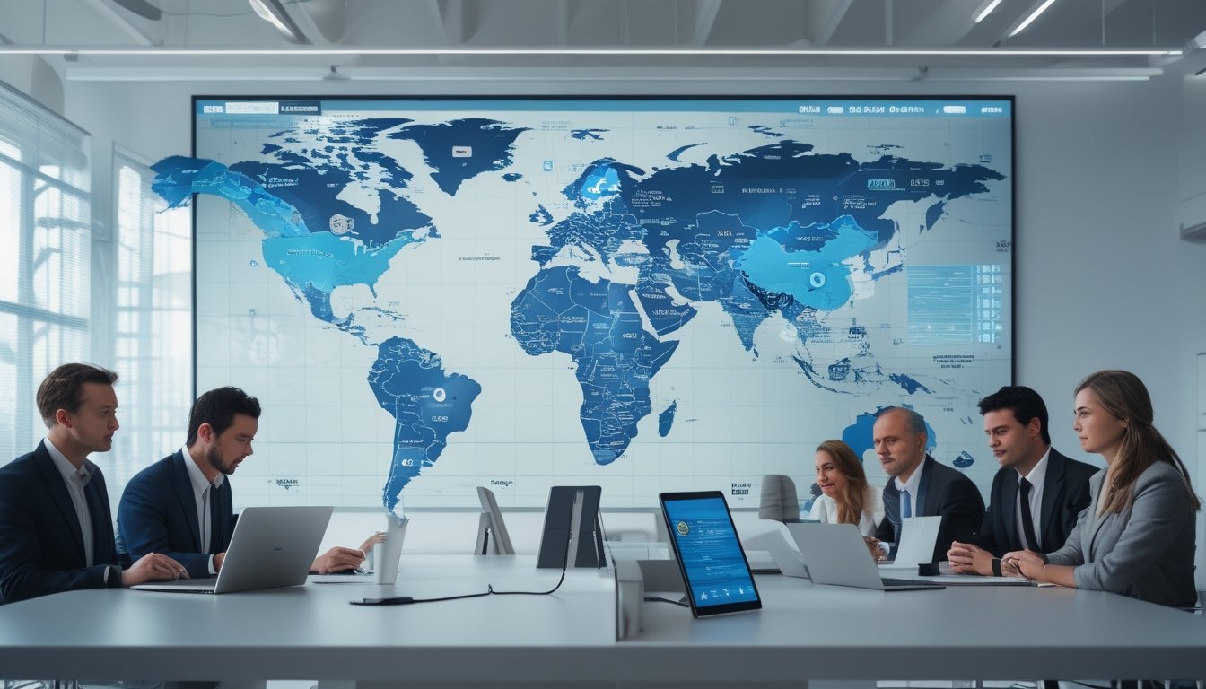 Tim profesional multinasional menganalisis peta dunia digital dan data pasar di kantor modern.