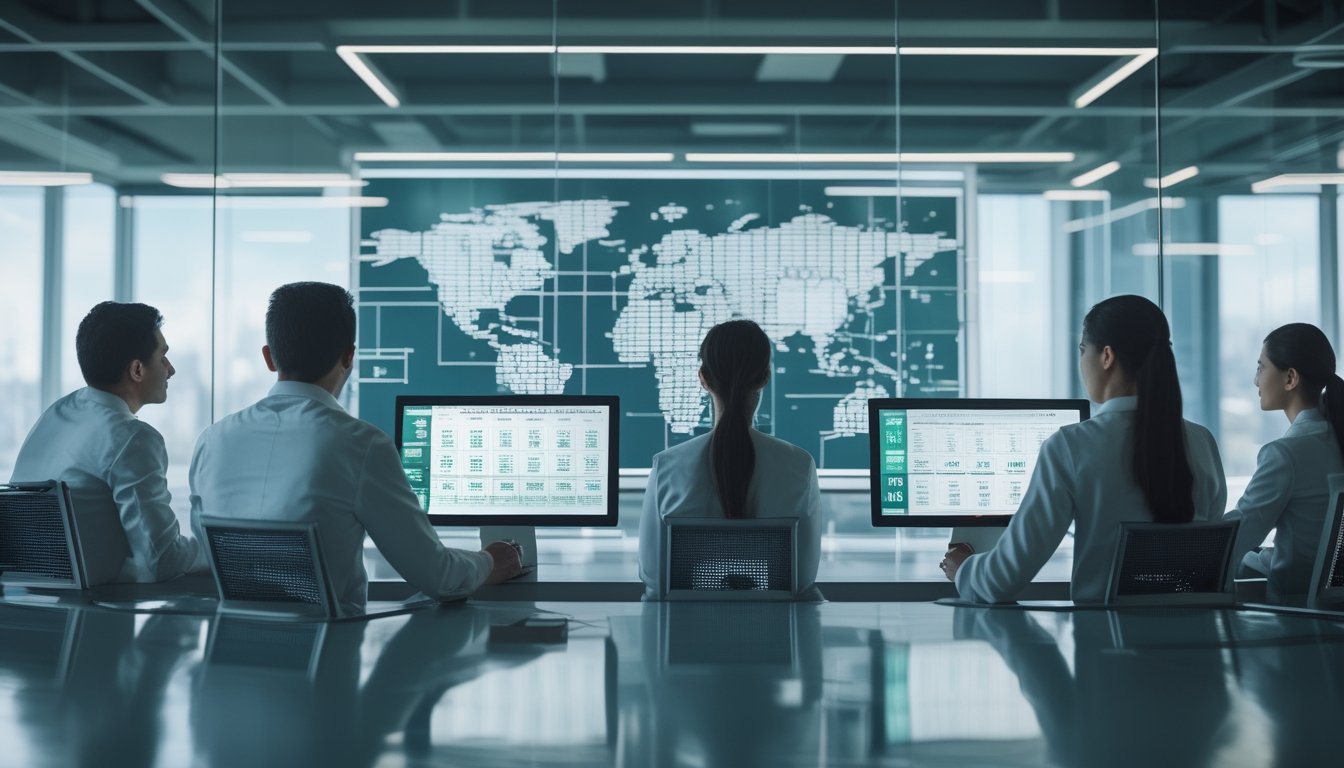 Tim analis internasional memantau data pasar lotre digital global melalui beberapa perangkat di kantor modern.