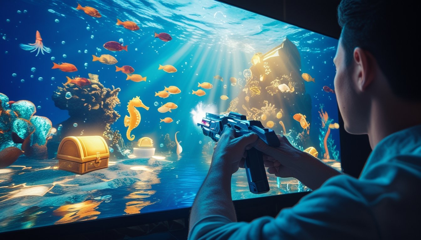 Pemain mengarahkan senjata permainan ke ikan-ikan berwarna-warni di bawah laut.