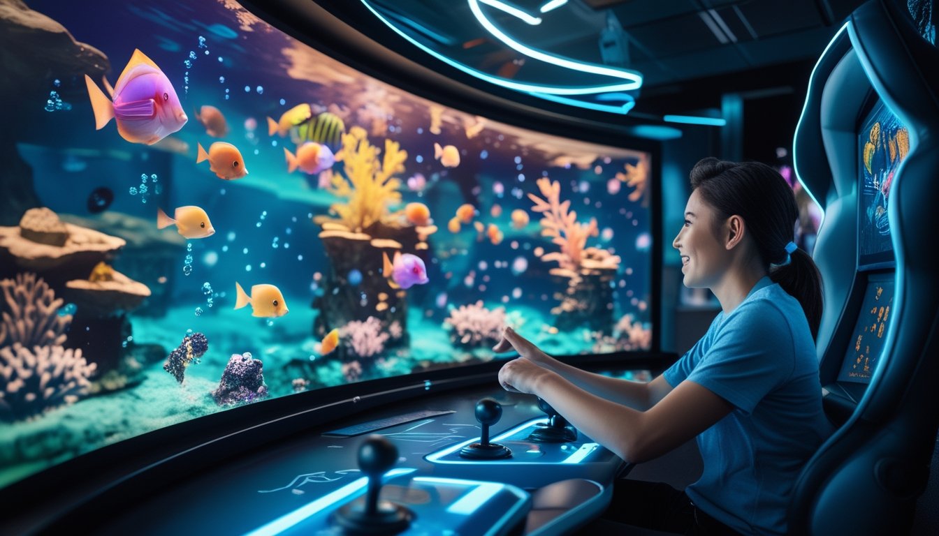 Seorang pemain menikmati permainan tembak ikan di mesin arcade dengan tampilan dunia bawah laut yang penuh ikan berwarna-warni.