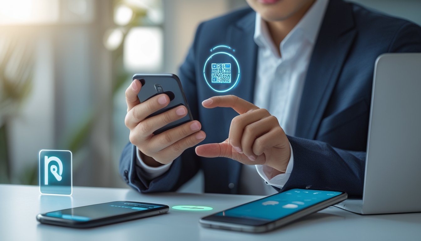 Seseorang menggunakan ponsel untuk memindai kode QR pada terminal pembayaran digital.