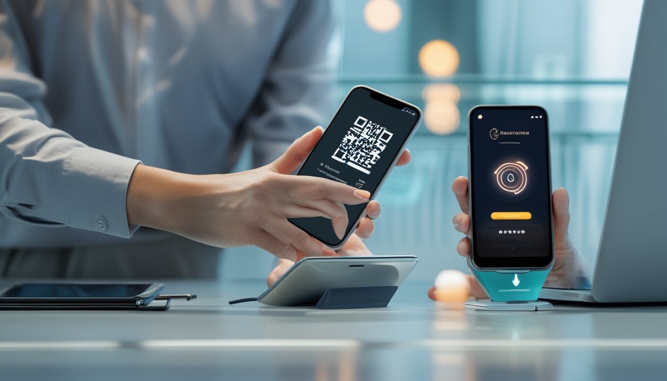 Seseorang memindai kode QR dengan ponsel untuk melakukan transaksi deposit melalui dompet digital.